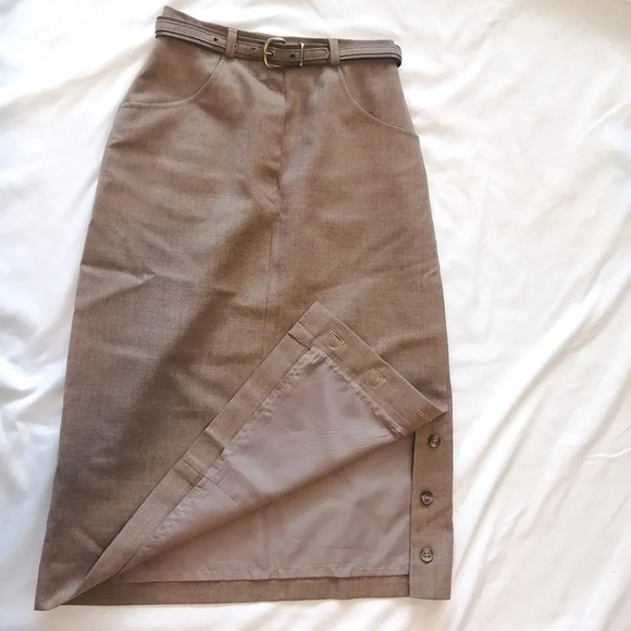 Vintage Newport Pure Virgin Wool Camel Tan Midi Skirt with Belt and Pockets XS - Picture 6 of 16